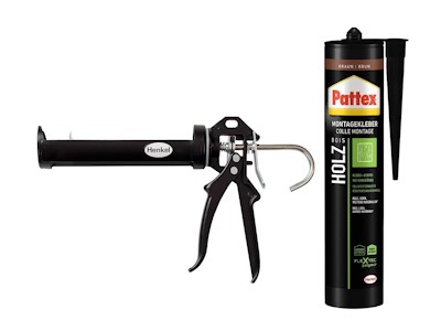 Pattex Montagekleber Holz, für Holz-(werkstoffe), wetterbeständiger, elastischer Holzkleber für innen & außen, Braun (1x420g) & Pattex Profi Metall Kartuschenpistole