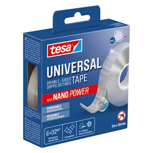 tesa Universal Nano Tape - transparentes, doppelseitiges Klebeband - leicht wiederablösbar und wiederverwendbar - wetterfest, für In- und Outdoor - 1 Rolle - 3 m x 30 mm 